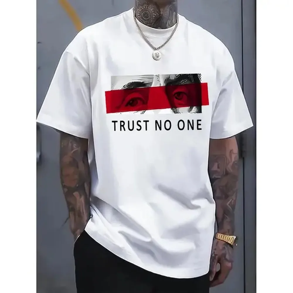 100% Cotton Customizable Men'S Cotton T-Shirt - TRUST NO ONE Pattern Design, Black Casual Short Sleeve T-Shirt With Red Stripes And Eye Illustration, Comfortable Multipurpose Summer T-Shirt Ivan Cornejo Merch Graphic Te Golf Gift T-Shirt For Men And Women
