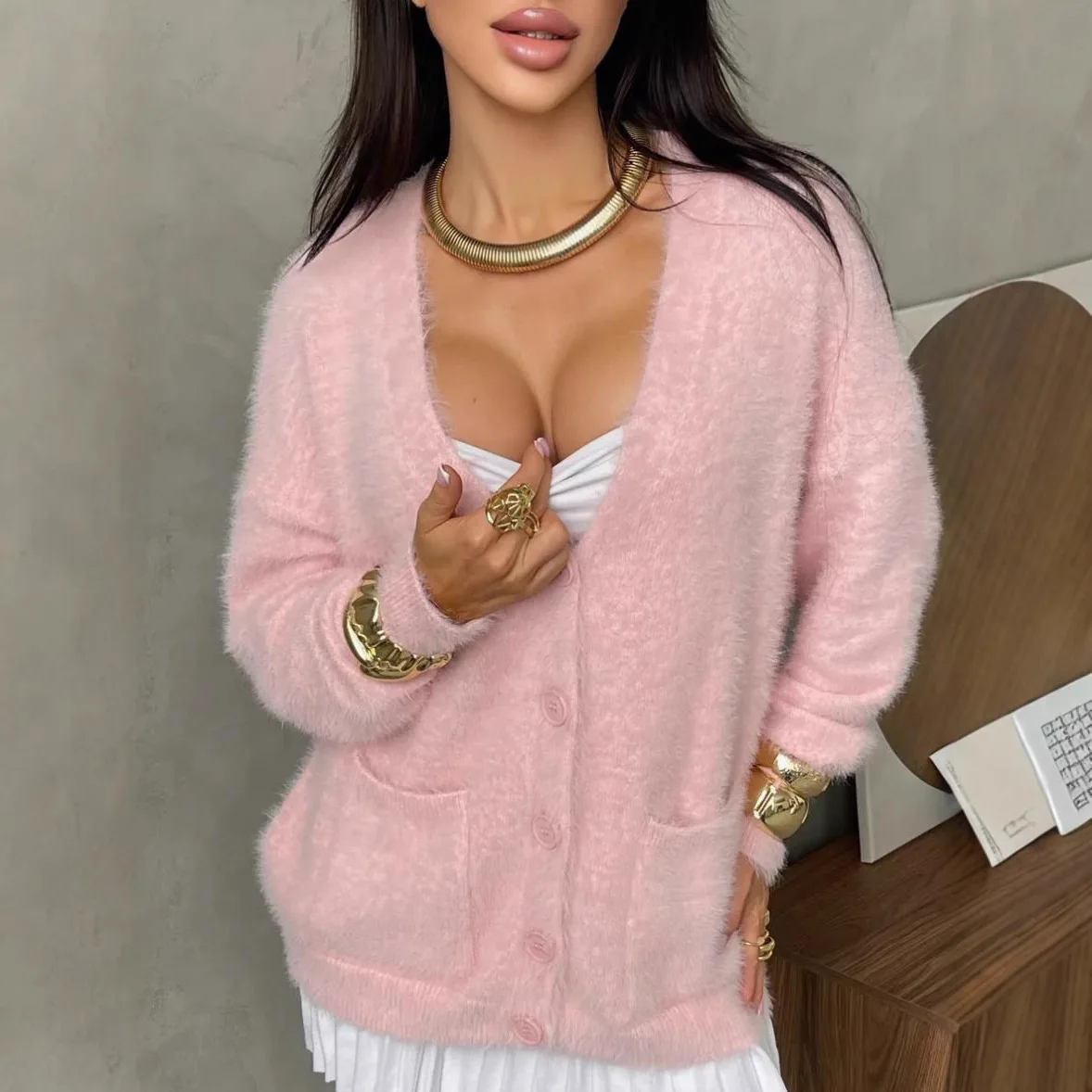 سترة نسائية كسول نمط فرو المنك الصناعي سترة فضفاضة سترة نسائية