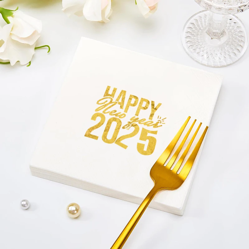 100Pcs  33×40CM  3-layer Gold foil napkin Happy 2025 New Year Celebration Festival Party