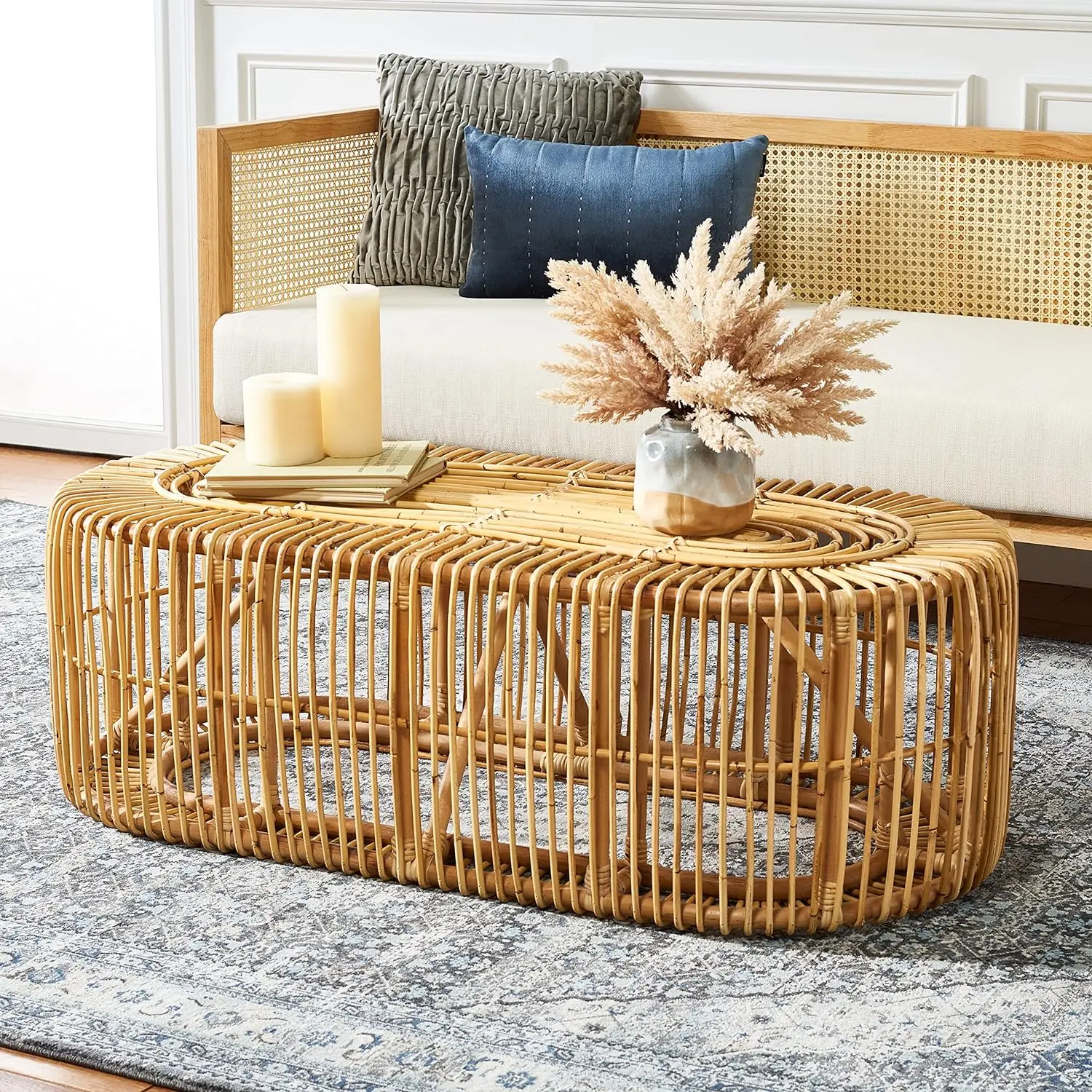 Tropical Coastal Natural Rattan Oval (Fully Assembled) Coffee Table, Center Table for Living Room