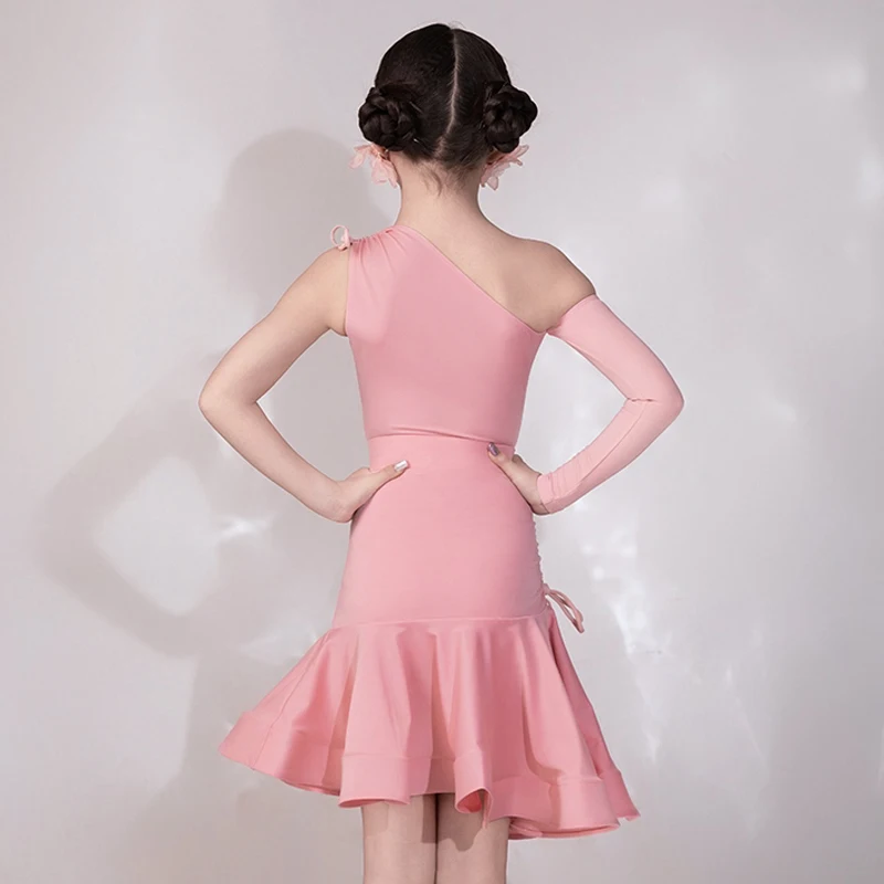 Estate Bambini Abiti da ballo latino Ragazze Spalla inclinata Top Gonna con coulisse Abito rosa Abito da pratica Abbigliamento da prestazione BL14803