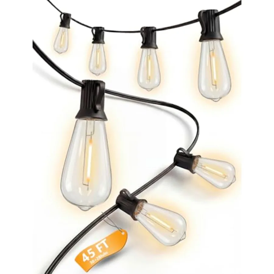 

45Feet Outdoor String Lights 30 ST40 Shatterproof Vintage Edison Bulbs Black Cord Waterproof LED Plug-in Commercial Patio Light