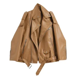 Spring Autumn Faux Leather Jackets Women Loose Casual Coat Female Drop-shoulder Motorcycles Locomotive Outwear with Belt