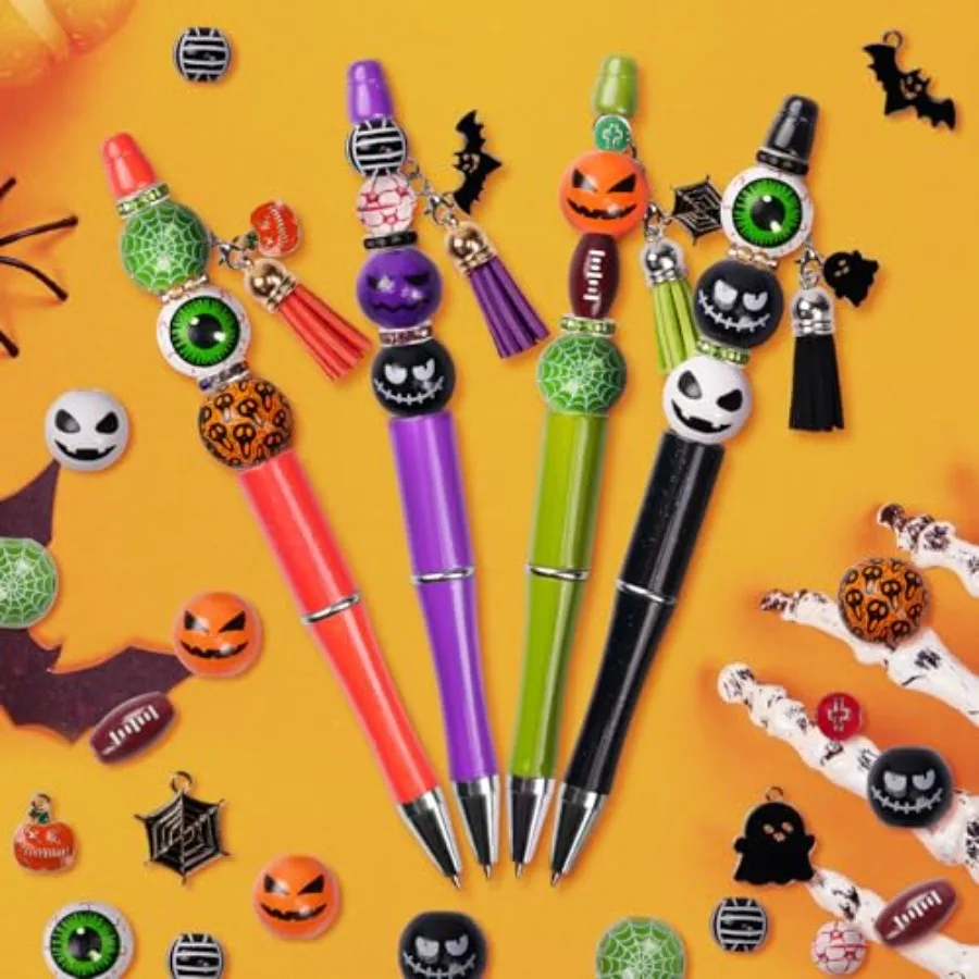 12 قطعة أقلام الهالوين القابلة للخرز أقلام صياغة ذاتية الصنع مع خرز ملون شرابة تعليق الهالوين للبالغين هدايا مكتب المدرسة سوب