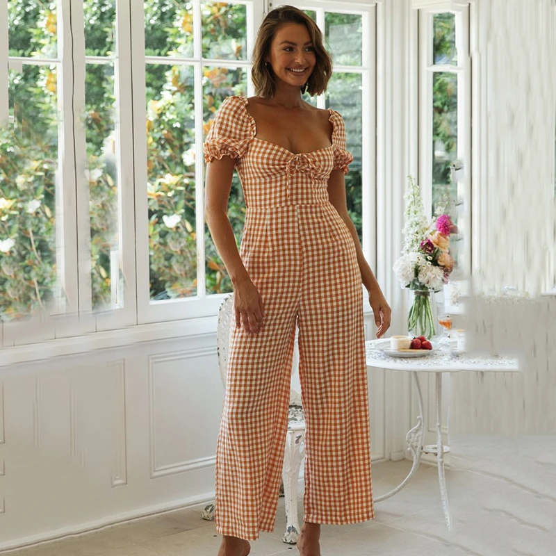 Ardm Elegant Square Collar Asymmetrical Short Sleeve Plaid Jumpsuits Women 2021 Casual Ruffle Summer Female Wide Leg Pants