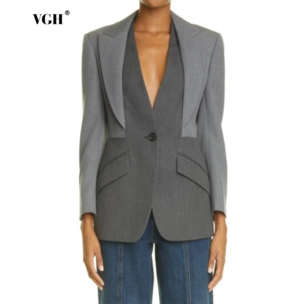 VGH Minimalist Spliced Pockets Tunic Casual Blazers For Women Notched Collar Long Sleeve Patchwork Button Slimming Blazer Female