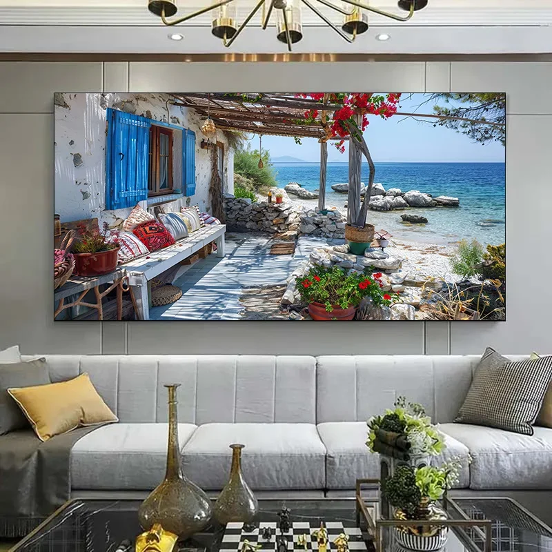 

Large Seaside house courtyard scenery Diy Diamond Painting Full Square Round Diamond Art Mosaic Embroidery Home Decor