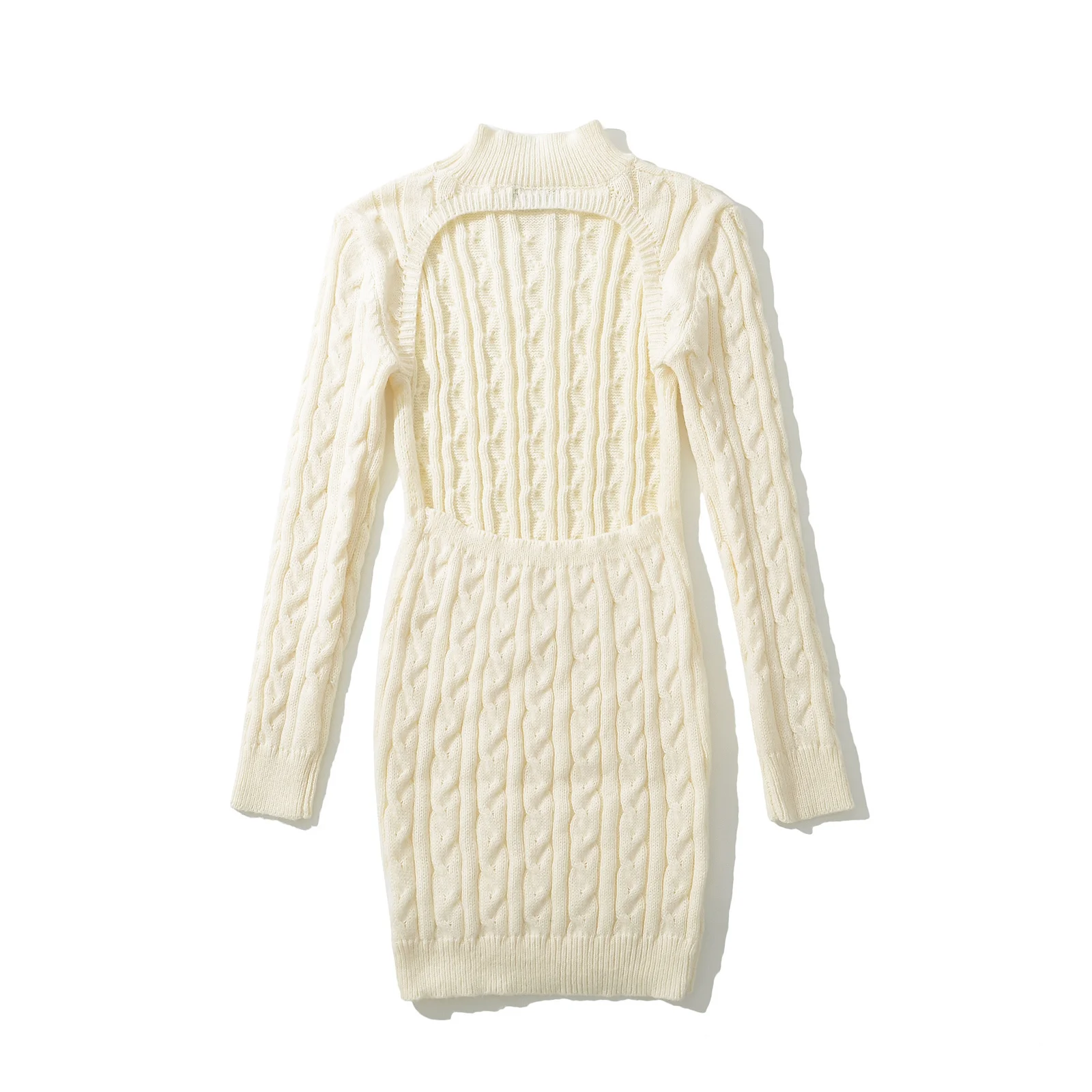 Withered Winter Knitted Dress Minimal Solid Fried Dough Twists Textured High Neck Mini Dress Women