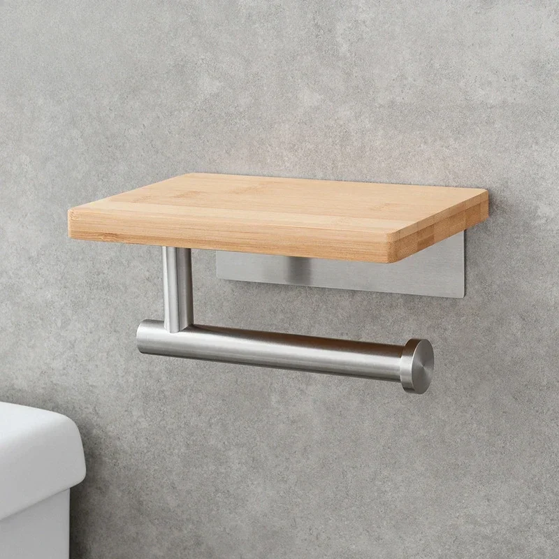 

DurableStainless Steel Non-punching Roll Paper Holder Bathroom Mobile Phone Solid Wood Storage Wall Hanging Paper Towel Holder