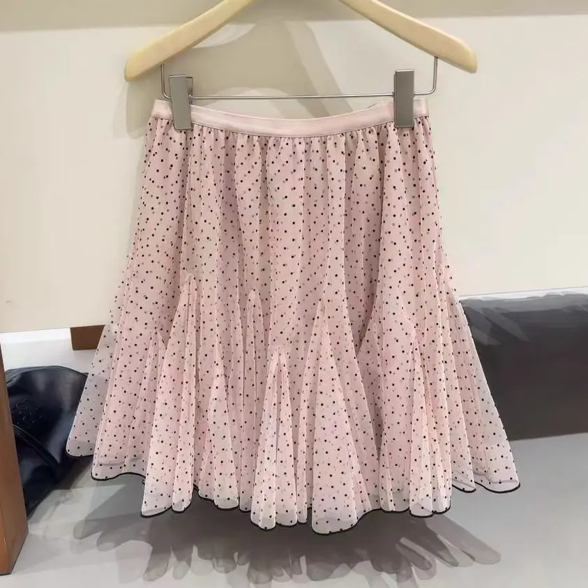 Fashionable Polka Dot Flocking Mesh Half Skirt A-Line Cute Versatile Spring Summer New Arrival Korean Style High Waist Cake S...