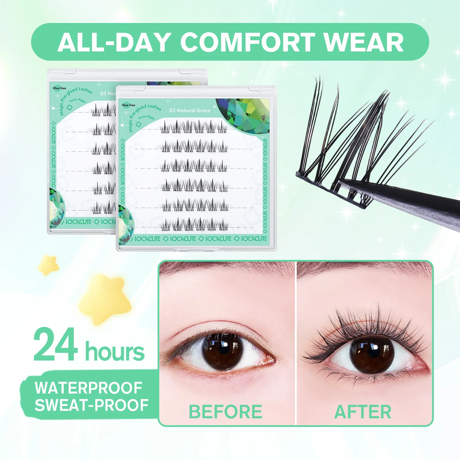 36 クラスター自己接着まつげ – 接着剤不使用 DIY ナチュラルからグラムルック ソフトカーリング & 再利用可能 9-12mm 防水 & 防汗