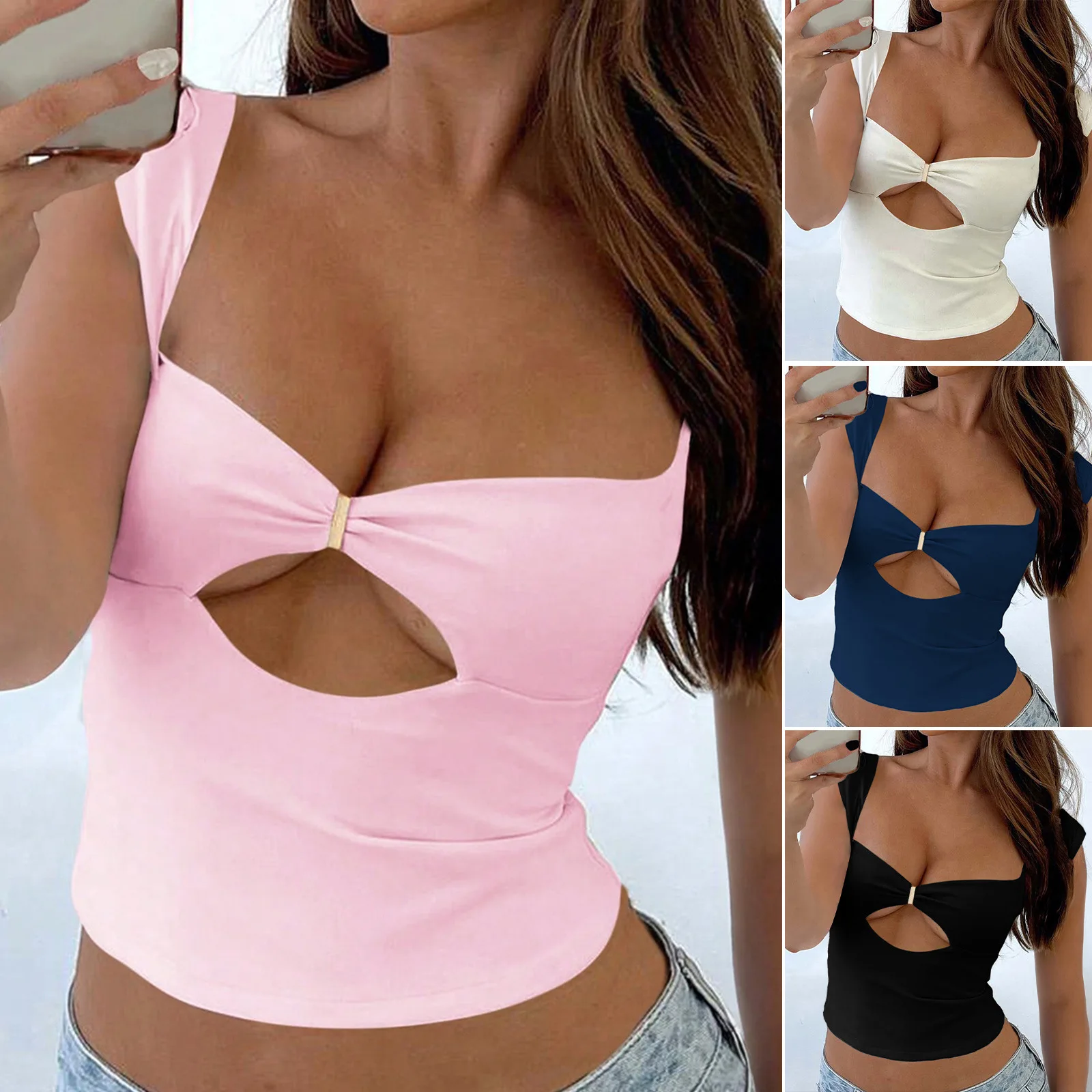 

2026 Spring And Summer Y2K Tops, Sexy Slim-fitting Solid Color, Dark V Hollow Short-sleeved Knitted T-shirt Women's Clothing