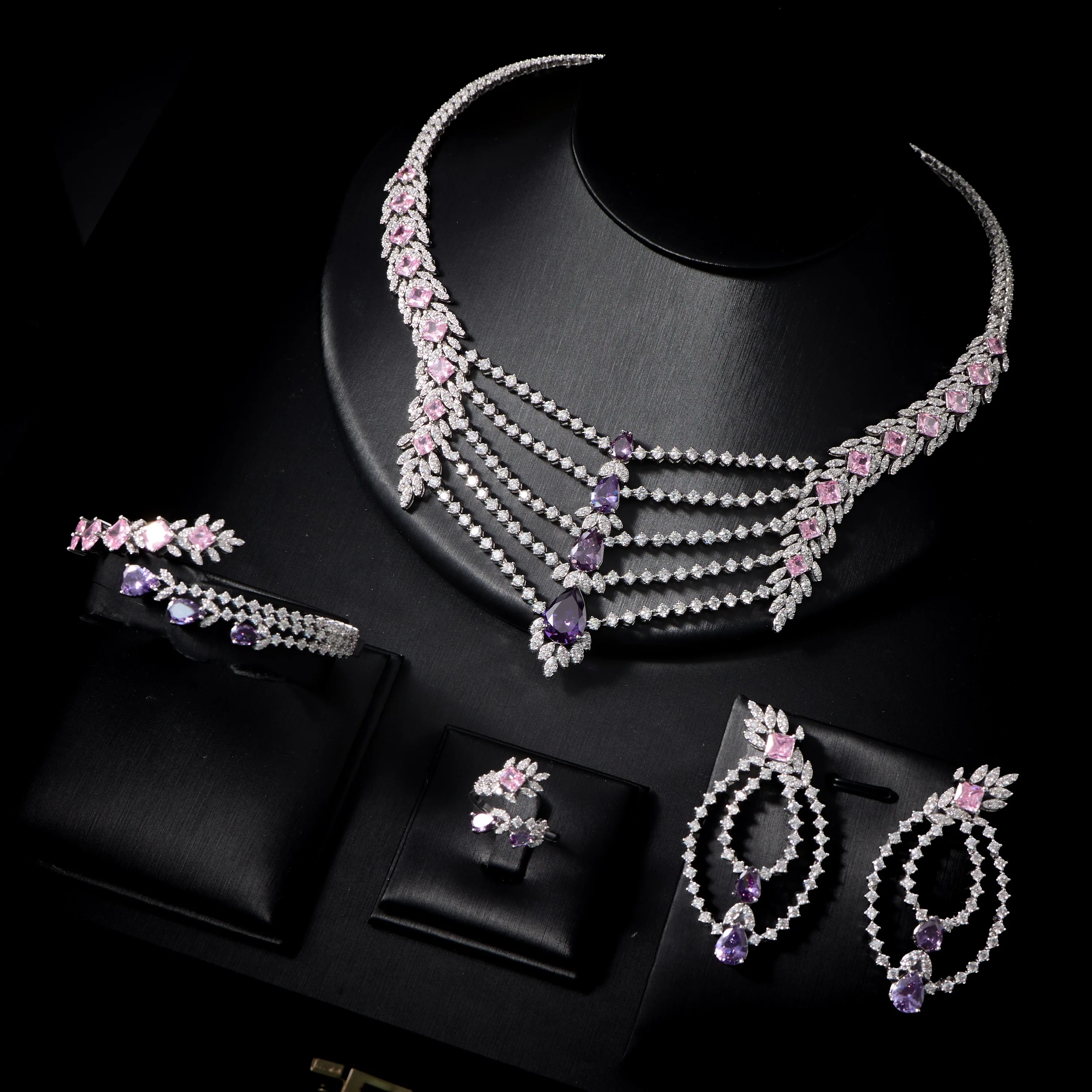 IN JEWELIFE Luxury Multi Layer Water Drop Cubic Zirconia Jewelry Set 4Pcs Bridal Necklace Earrings Ring Bracelet Silver Plated W