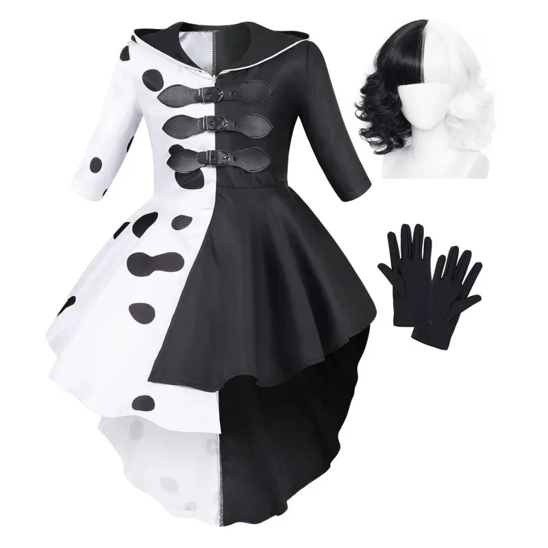 Jurebecia Girls Villains Cruella Deville Dress Up Costume Kids Movie Halloween Cosplay Outfit with Gloves Wig