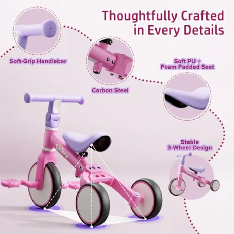 5-in-1 Toddler Balance Bike Tricycle for 18 Months to 4 Years Pink Ride-On Toy with Outdoor Indoor Use Promotes Gross Motor Ski
