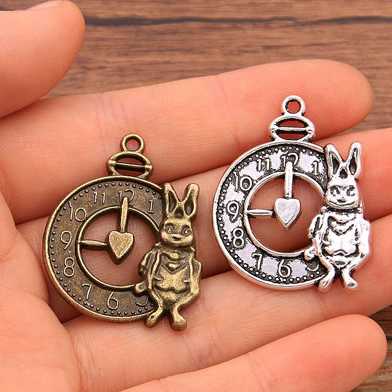 6 PCS 26*33mm 2 Color Vintage Metal Zinc Alloy Rabbit Steampunk Clock Animal Charms For DIY Necklace Bracelet Jewelry Making