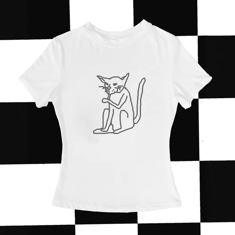 

Новая летняя футболка в европейском и американском стиле 2025 года, креативный принт с рисунком кота, облегающий топ, подходит для пикантных девушек, стиль Y2K
