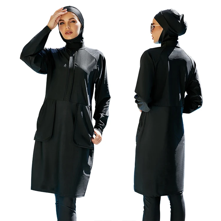 

Wholesale New Arrival Oem 3 Piece Sets Modest Swimsuit Black Misulman Burkini Swimwear With Zipper and Pocket
