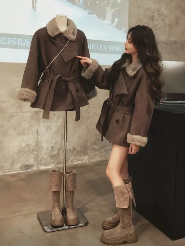 

Ретро-шерстяное пальто с поясом и меховым воротником, корейский стиль, длинное, зимнее, модная верхняя одежда для женщин