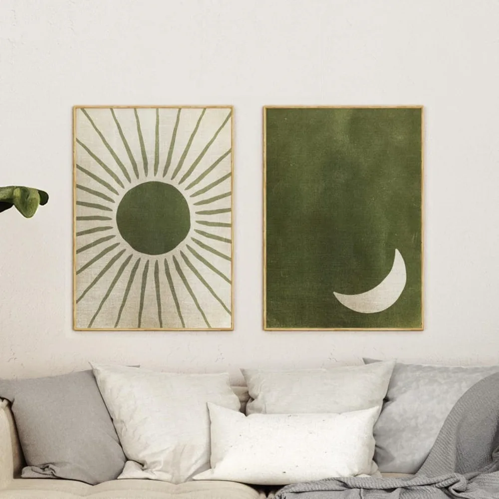 Sage Green Wall Art Abstraction,olive Green Wall Art,sun and Moon,a Set of 2 Prints,day and Night Art,frameless Canvas Painting