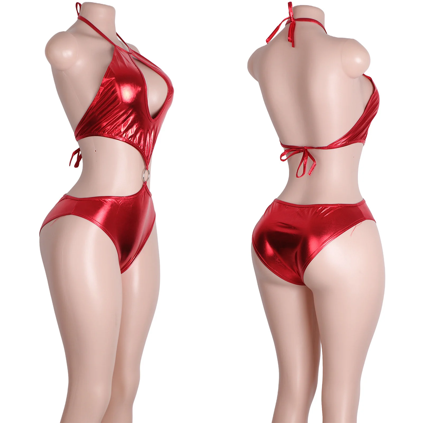 Two-Piece Patent Leather Thong Custom Fishnet Lingerie Designer Inserts Fashionable Shiny Performance Wear Quality Stage Wear