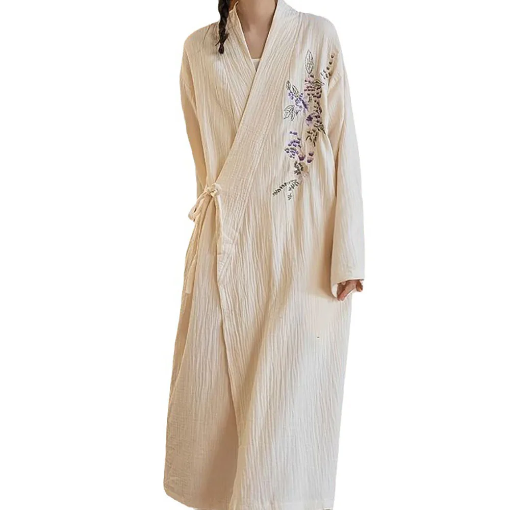 New Long-Sleeved Nightgown Spring Fall Lace-up Pajamas For Women Japanese Printed Kimono V-Neck Bathrobe Comfortable Home Wear