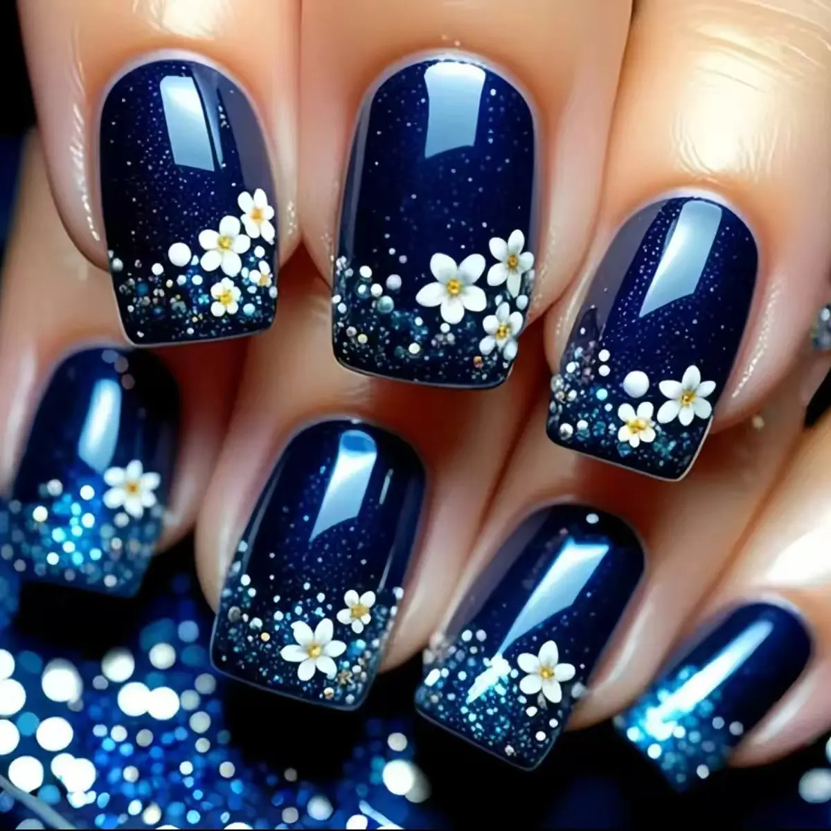 

Short Medium Square fake nails for women girls dark blue colors with flowers for Spring summer full cover acrylic press on nails