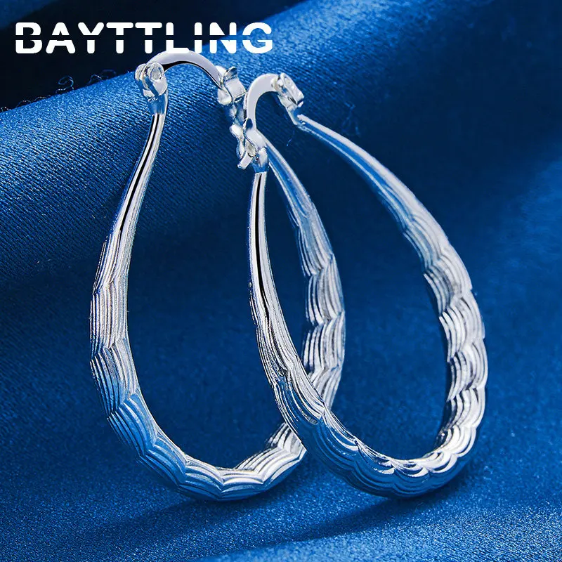 S925 Sterling Silver Fine 30MM U Moon Texture Hoop Earrings For Women Hip Hop Punk Charm Wedding Gift Fashion Jewelry