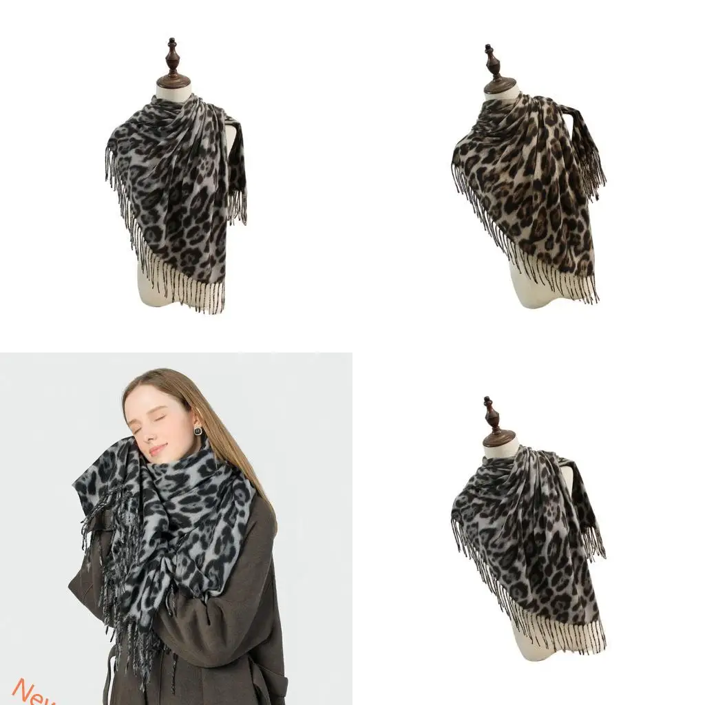

Уютный кашемировый шарф леопардового дизайна, зимняя шаль, женский модный аксессуар с бахромой, легкая накидка LXAD