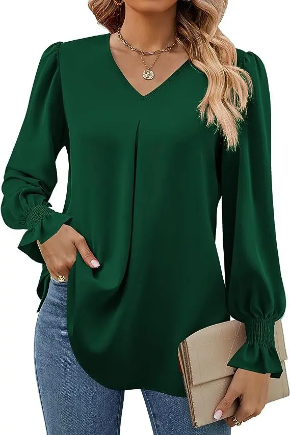 Women's Long Sleeve Shirt Spring Solid Color V Neck Bell Sleeve Fashion High Street Black Top Elegant Blouse for Women