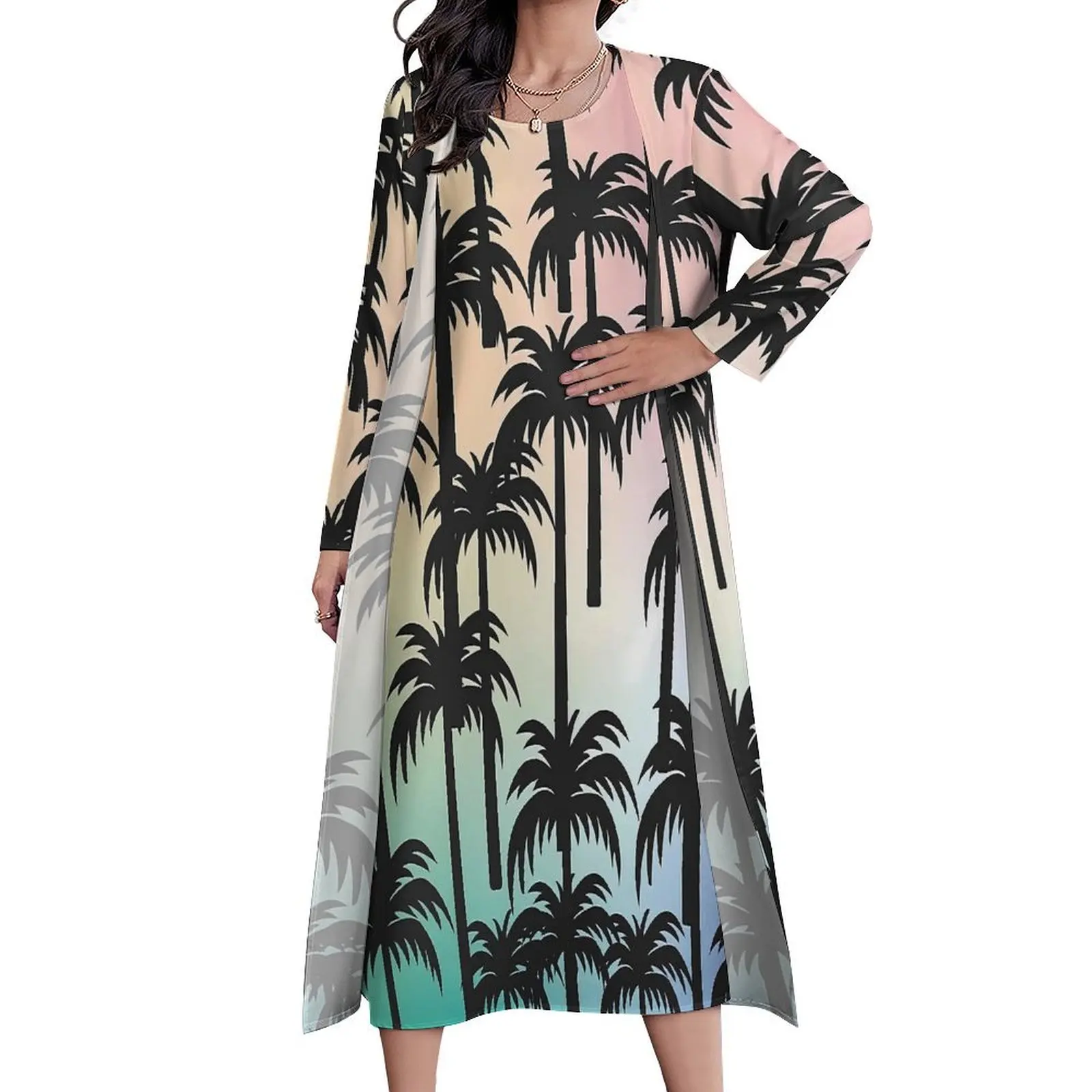 Rainbow Sunset Palm Trees ชุดแขนยาว Streetwear Boho Beach ชุดยาวผู้หญิง Maxi ชุดของขวัญวันเกิด