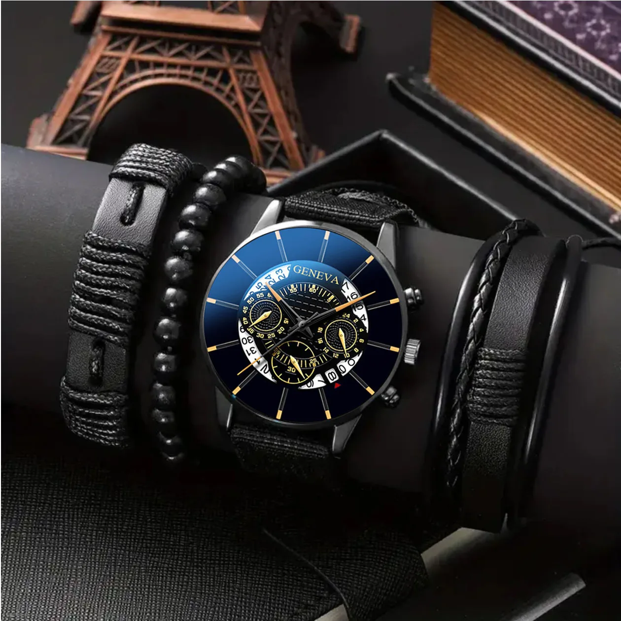 

4PCS Men's Business Watches Fashion Leather Band Analog Quartz Watch with Woven Bracelets Set（Without Box）