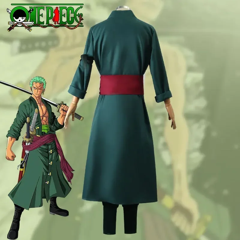 CosplayAnime One Piece-Disfraz de Roronoa Zoro, abrigo verde, peluca, pendientes, conjunto completo, uniforme, traje, trajes de fiesta de Halloween para anuncios