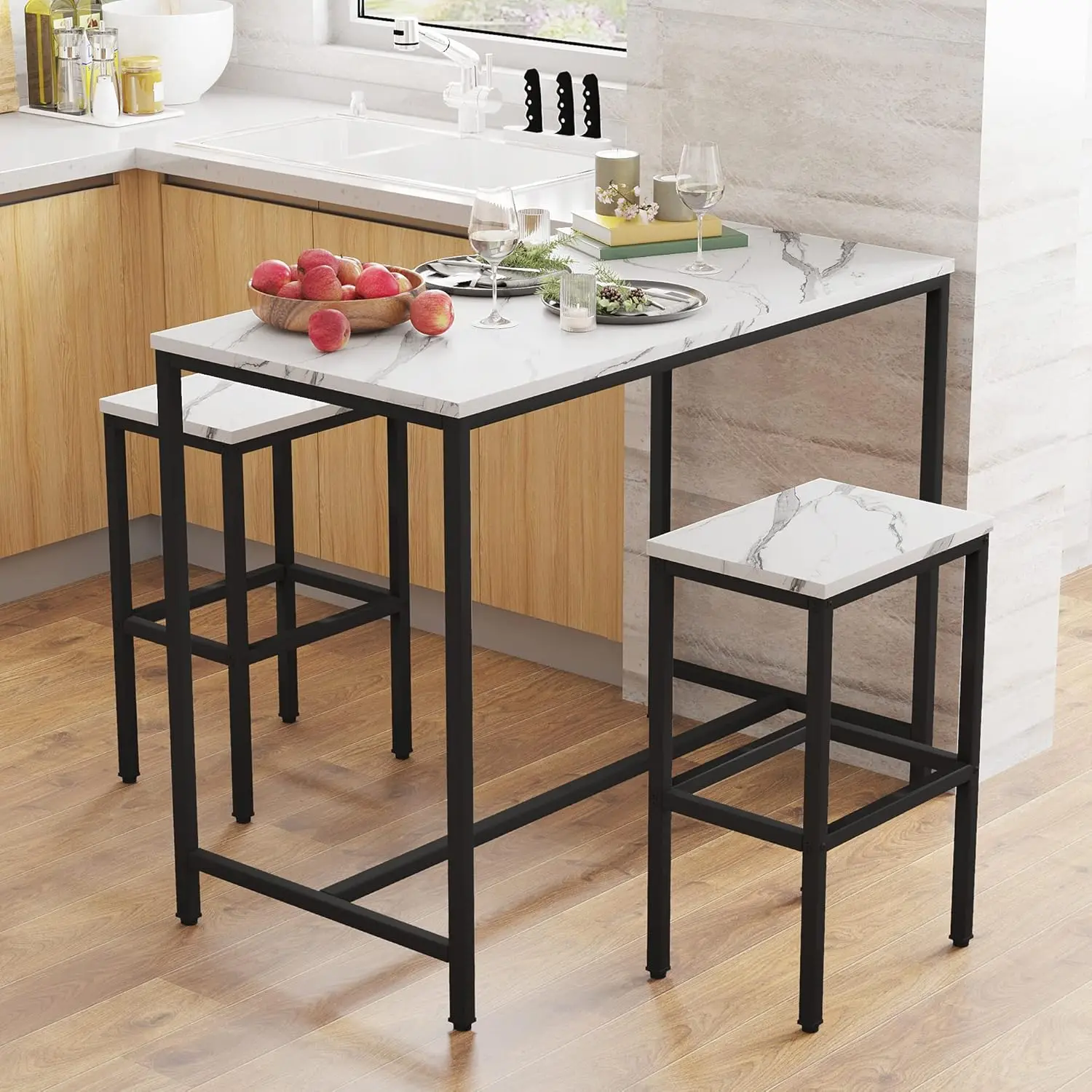 3 Piece Bar Table Set, Bar Table and Chairs Set of 2, Modern Counter Height Table with 2 Stools for Kitchen, Dining Room,