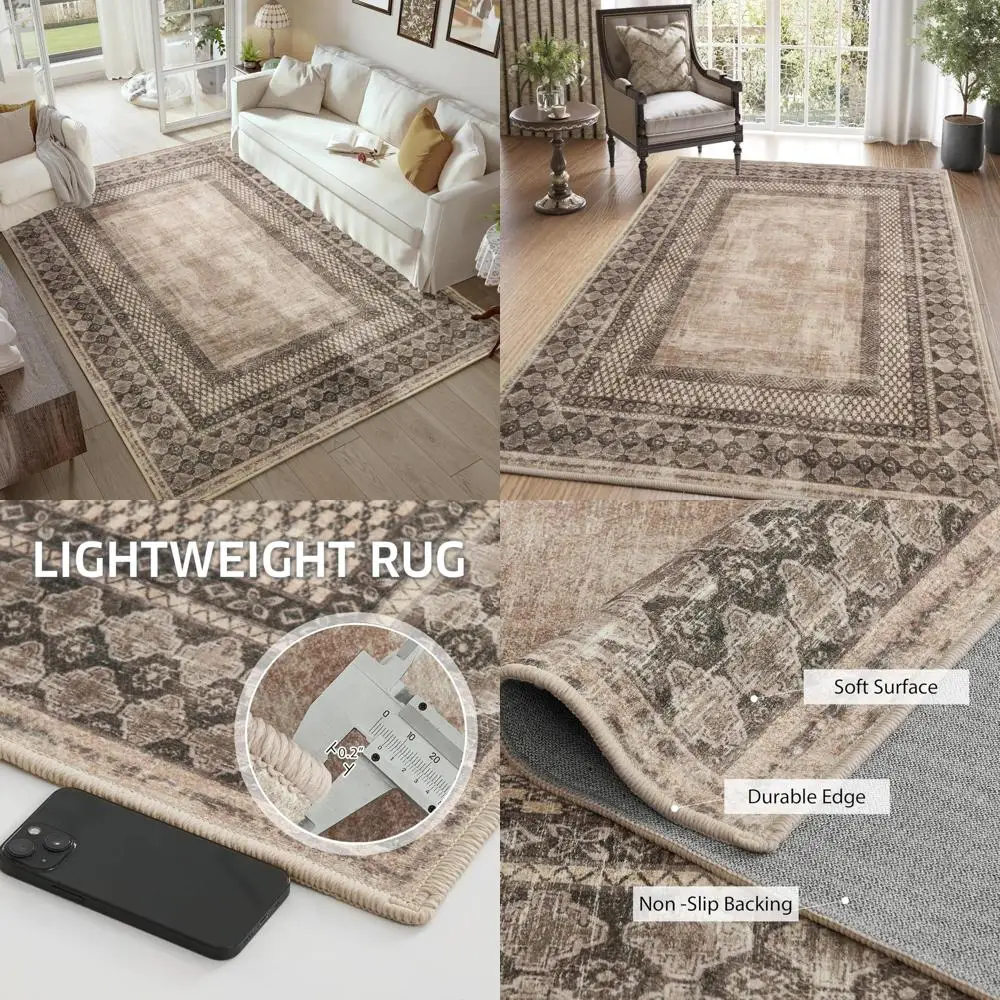 

Brown 5x8 Ultra-Thin Oriental Rug, Washable and Stain Resistant for Living Room and Bedroom, Non-Slip Area Carpet