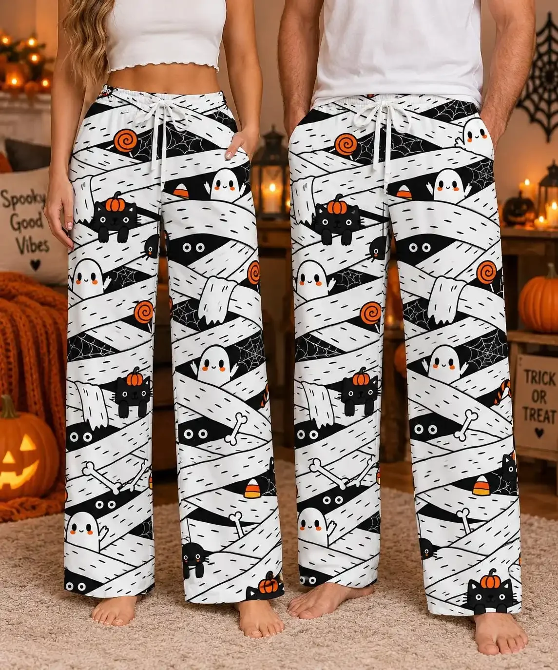 Halloween Couple Lounge Pants Polyester 3d Print Mummy Bandage Ghost Black Cat Pumpkin Pattern Loose Casual Home Sleep Trousers