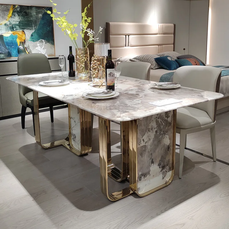 

Italian Style Golden Stainless Steel Dining Table Marble Dining Room Set 6-8 People Rectangle Table