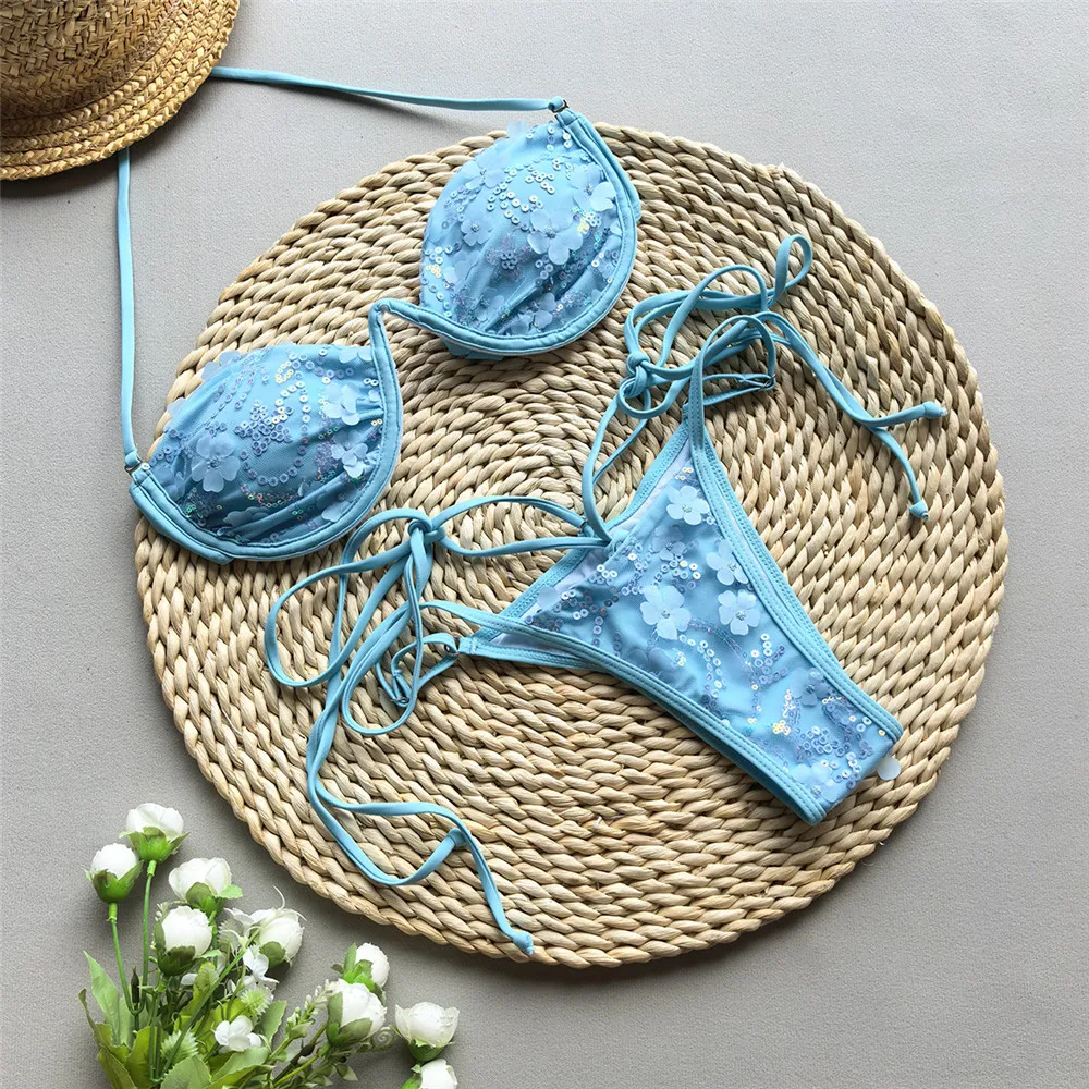 

Light Blue Sequin Flower Sexy Push Up Bikini Swimsuit String Thong Micro Push Up Swimwear Women 2025 Bathing Suit Bikinis Sets