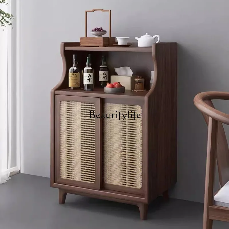 

New Chinese Style Solid Wood Rattan Dining Side Locker Modern Simple Home Wall Storage Tea Cabinet