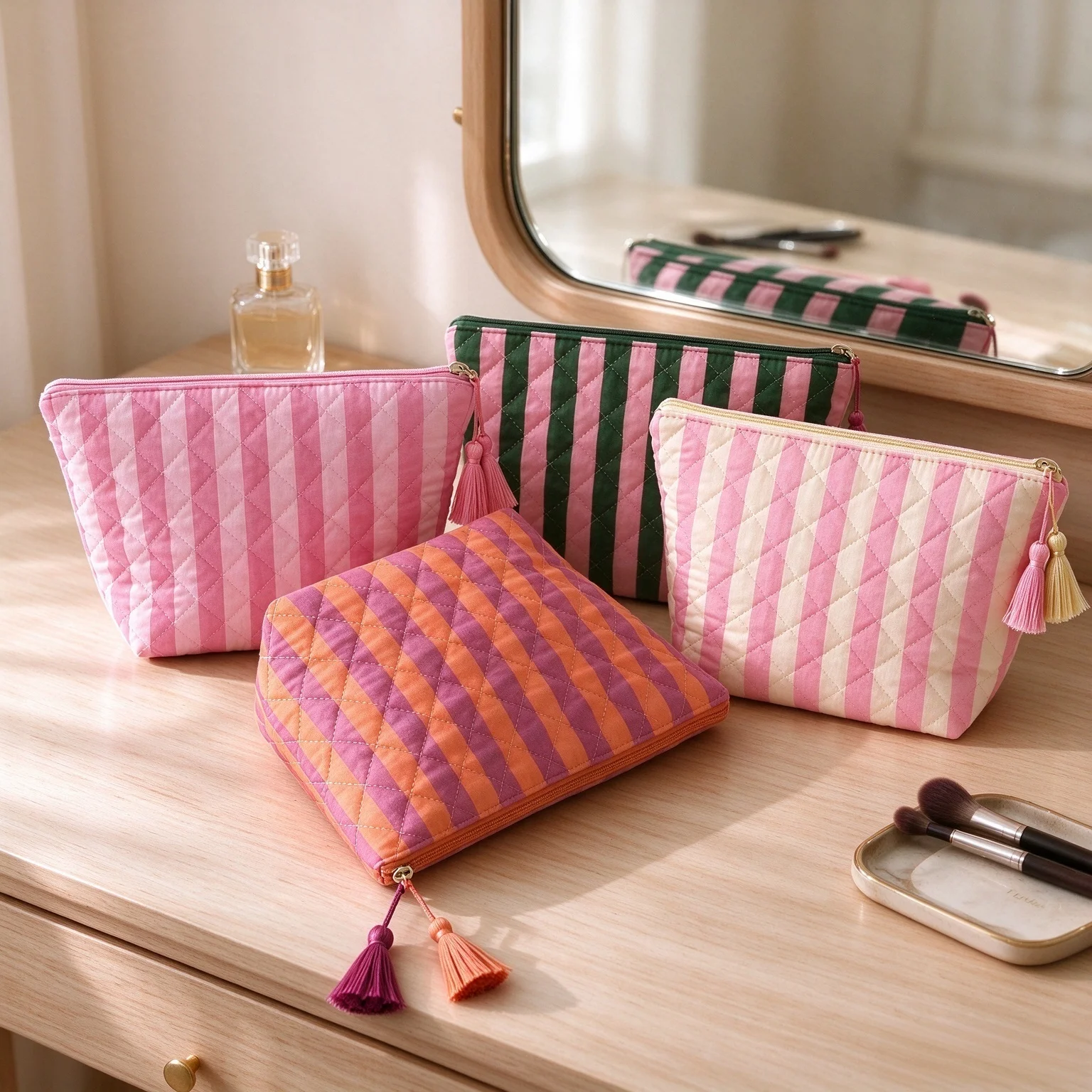 Trousse de toilette matelassée avec pompon, trousse de voyage à rayures pour organiser le maquillage, trousse de toilette en tissu avec compartiments pour femmes.