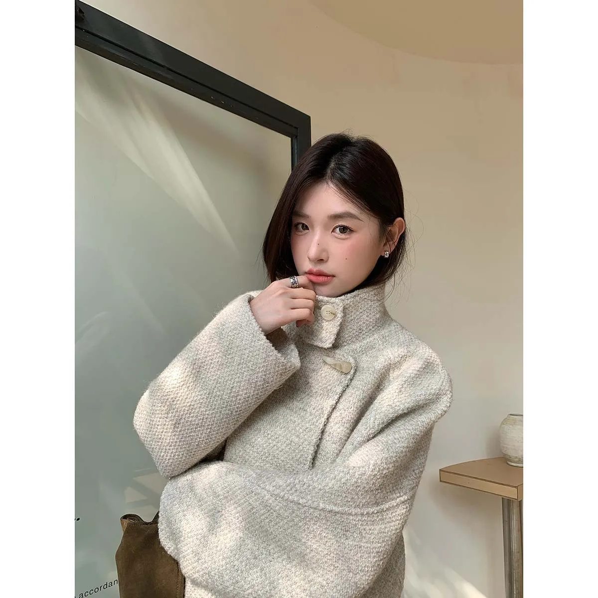 

White Women Wool Coat Patchwork Lace Up Stand Collar Long Sleeve Streetwear Short Jacket Female Winter Fashion Clothing