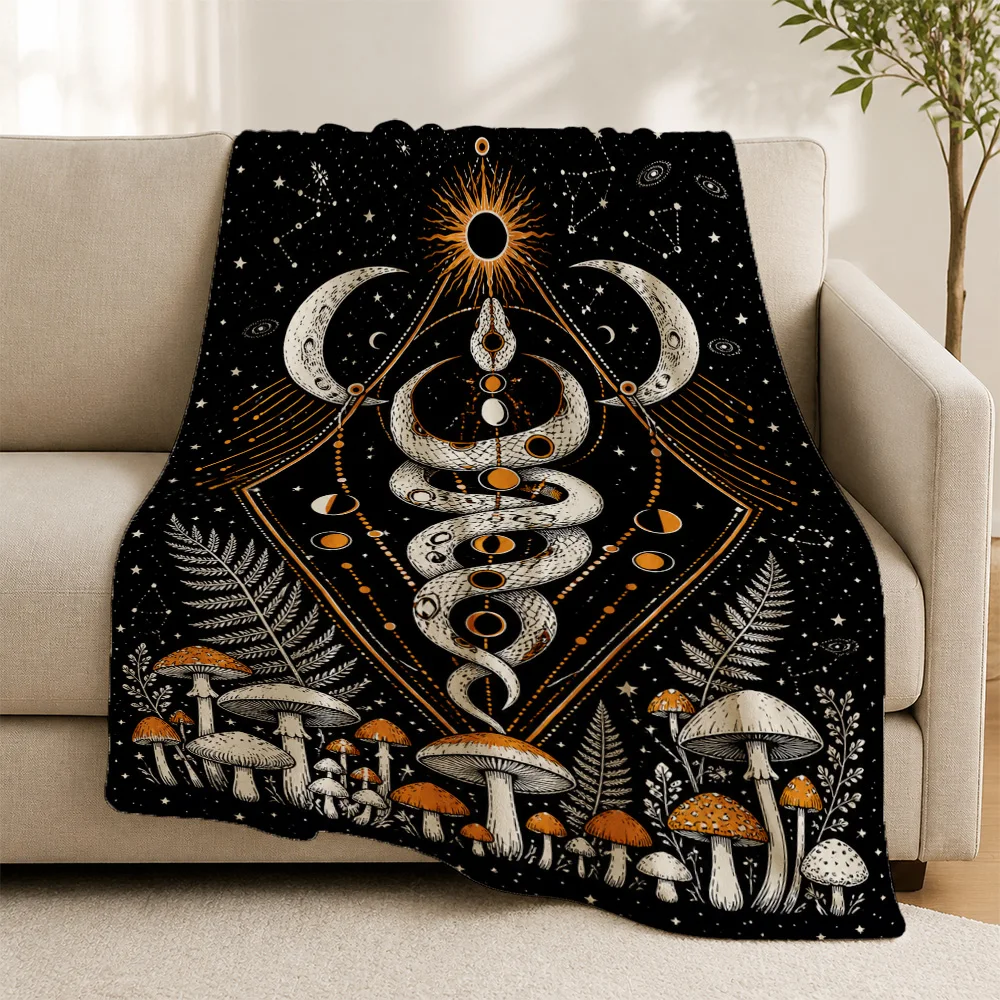 Bohemian Mystic Celestial Throw Blanket Sofa Cover Witchy Occult Art Mushroom Snake Stars Moon Tarot Tapestry Decor