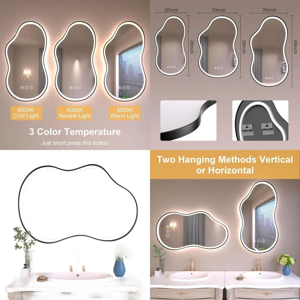 

24x36 Inch LED Bathroom Mirror with Asymmetrical Design, Anti-Fog, 3-Color Temperature, Dimmable, Shatterproof Glass, Horizontal