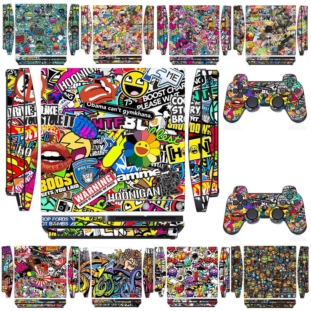 Protector de pegatina de piel de vinilo para Sony PS3 Slim PlayStation 3 Slim y 2 controller skins Stickers