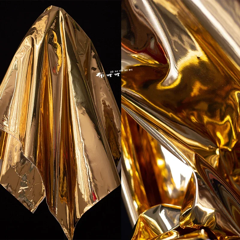 

Golden Mirror Coating Waterproof PU Leather Fabric Reflective Stiff Designer Fashion Cloth Apparel Diy Sewing Per Meter Material