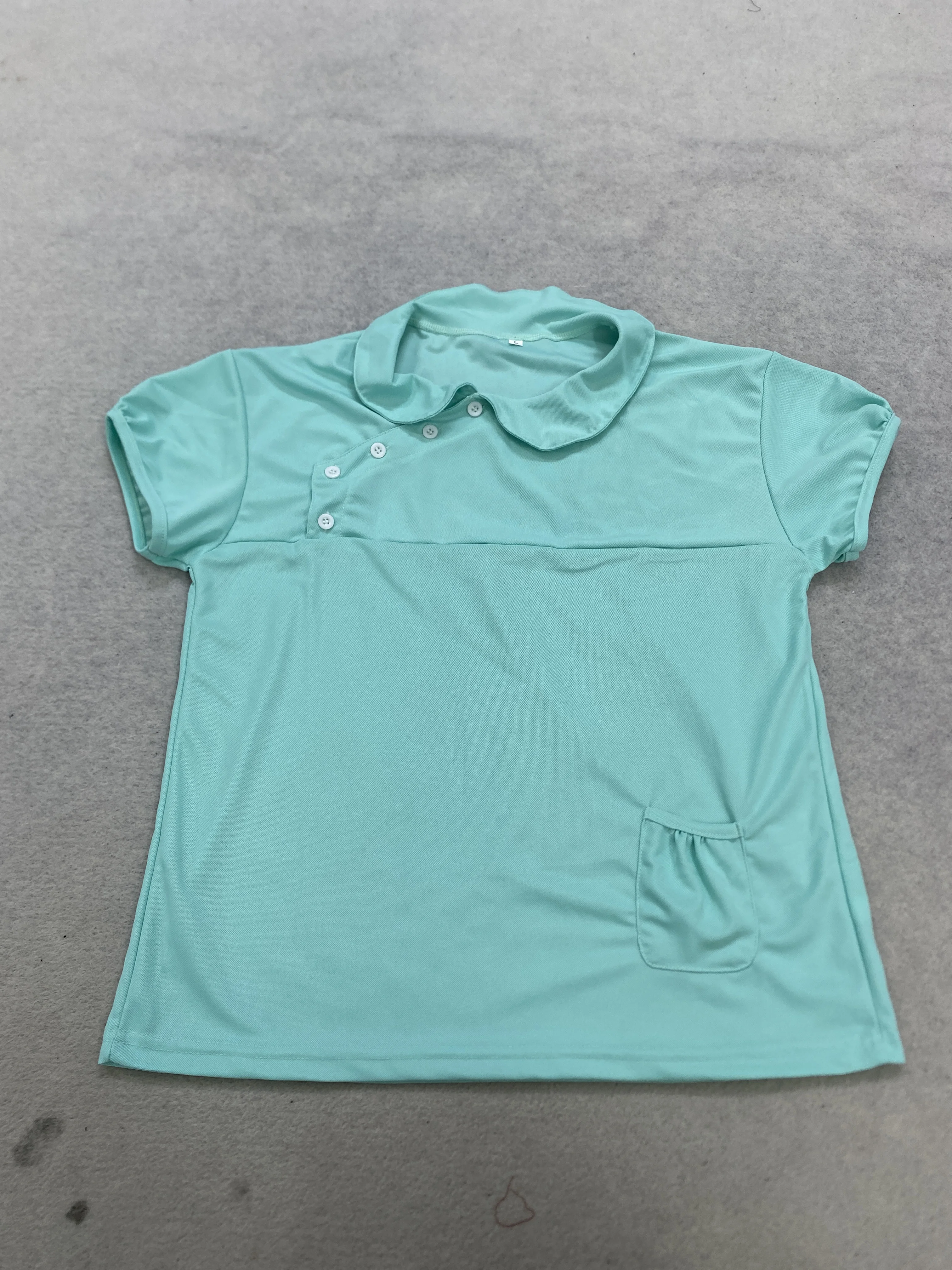 Mint Green Peter Pan Collar Diagonal Button Short Sleeve T-Shirt With Side Pocket Casual Women Top