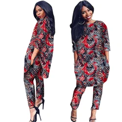 African Clothes Two Pieces Set Threee Quarter Sleeve Outwear Women Shirt Dress and Long Pants with Pocket Plus Size 6XL WY1091