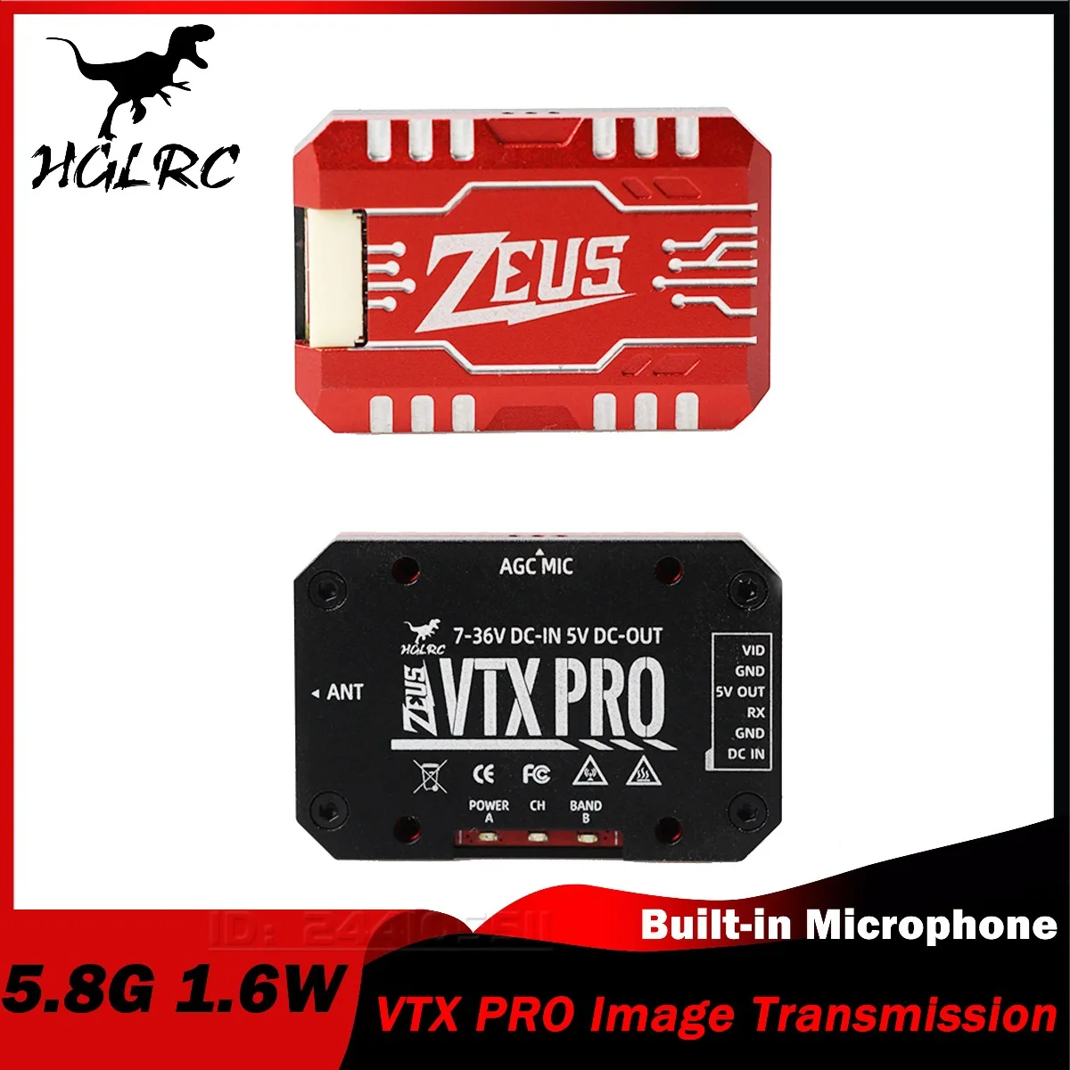 HGLRC Zeus VTX PRO 1.6W Image Transmission Built-in Microphone 7-36V CNC Heat Sink Shell MMCX for RC FPV Racing Drone Long Range