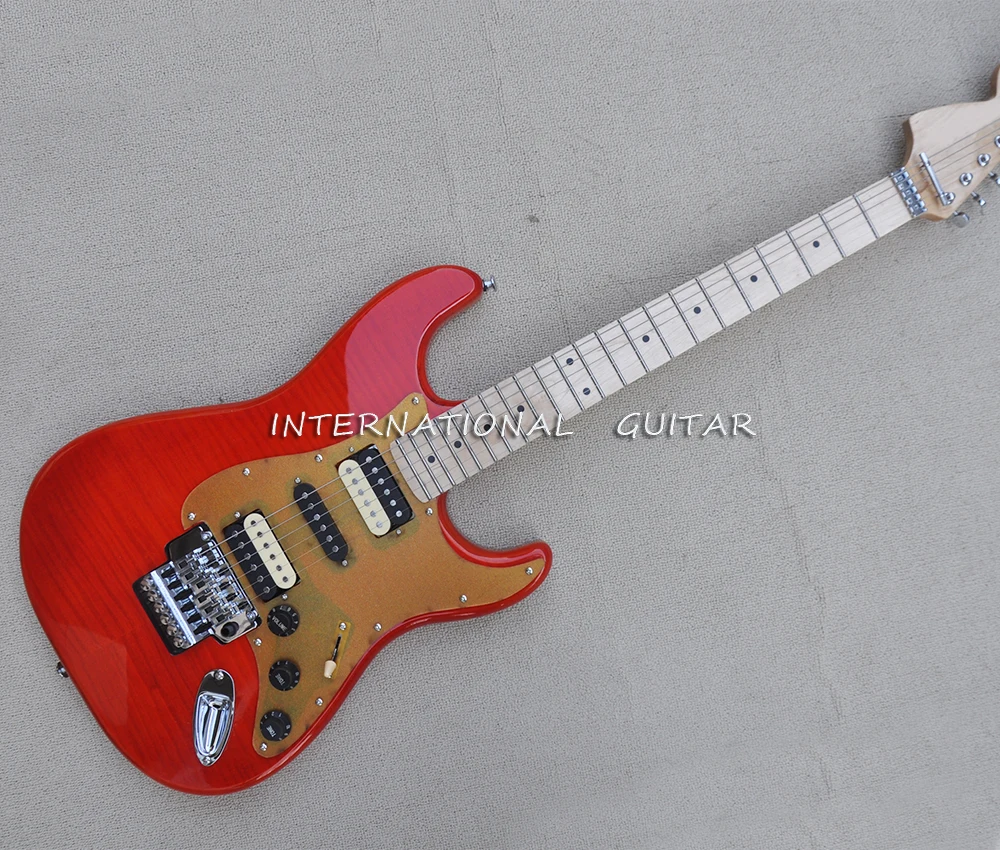 6 Strings Red Electric Guitar with Reverse Headstock,Flame Maple Veneer.Maple Fretboard