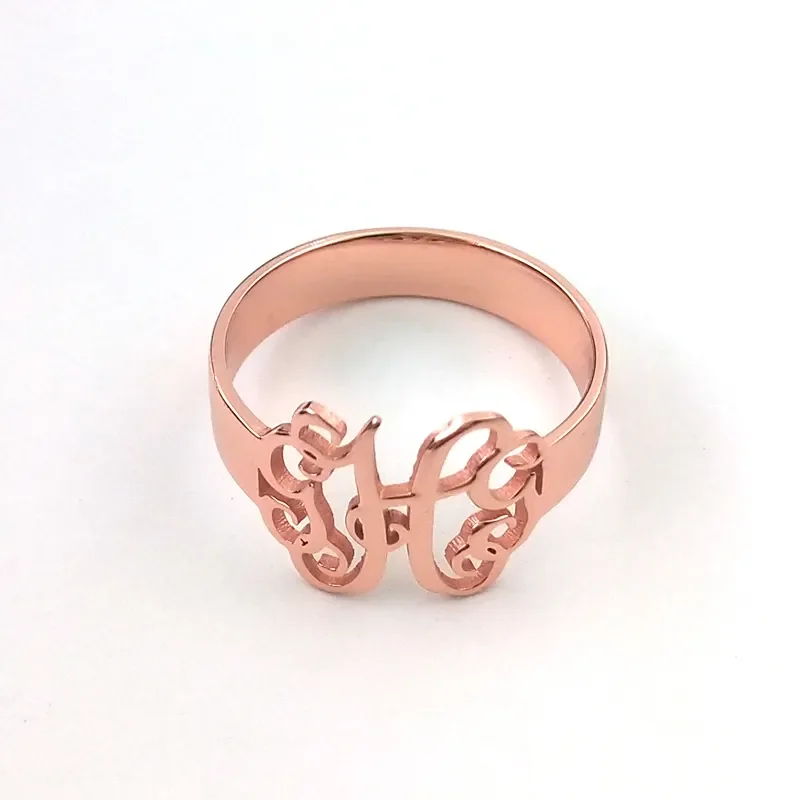 

Rose Golden Monogram Ring Personalized 3 Initial Nameplate Solid Silver Ring Cut Out Unisex Fashion Jewelry